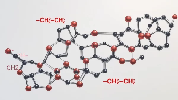 3D rendering of the molecular structure of High-Density Polyethylene (HDPE), showing repeating -CH2-CH2- units and a highly linear, unbranched polymer chain. Carbon atoms are black, hydrogen atoms are red.