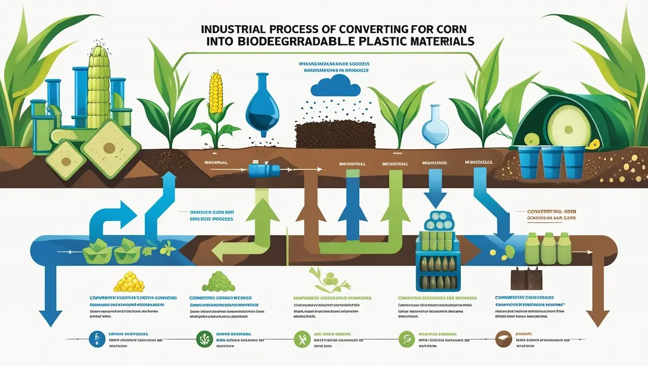 an-illustrative-infographic-detailing-the-industrial-process-of-converting-corn-or-other-starch-sources-into-biodegradable-plastic-materials-highlighting-key-stages - Plastic bag manufacturers in vietnam Infographic detailing the industrial process of converting corn into biodegradable plastic