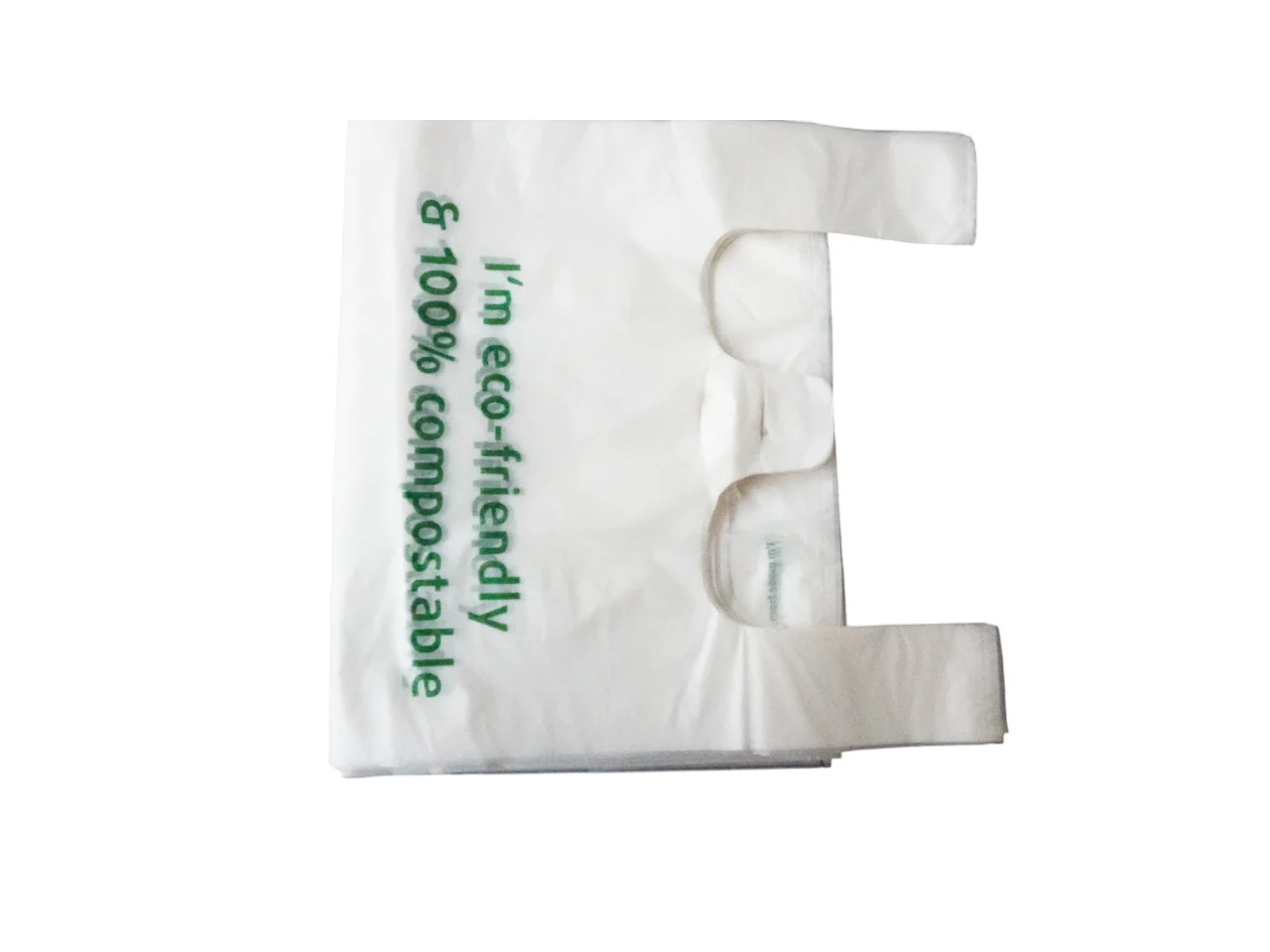 compostable-t-shirt-bags-7 - Plastic bag manufacturers in vietnam White biodegradable T-shirt bag with green text "I'm eco-friendly & 100% compostable