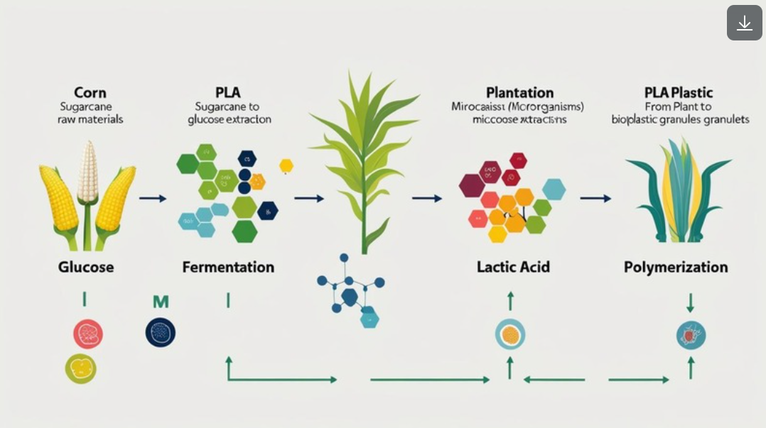 Infographic: Step-by-step process of producing PLA plastic from corn and sugarcane raw materials.