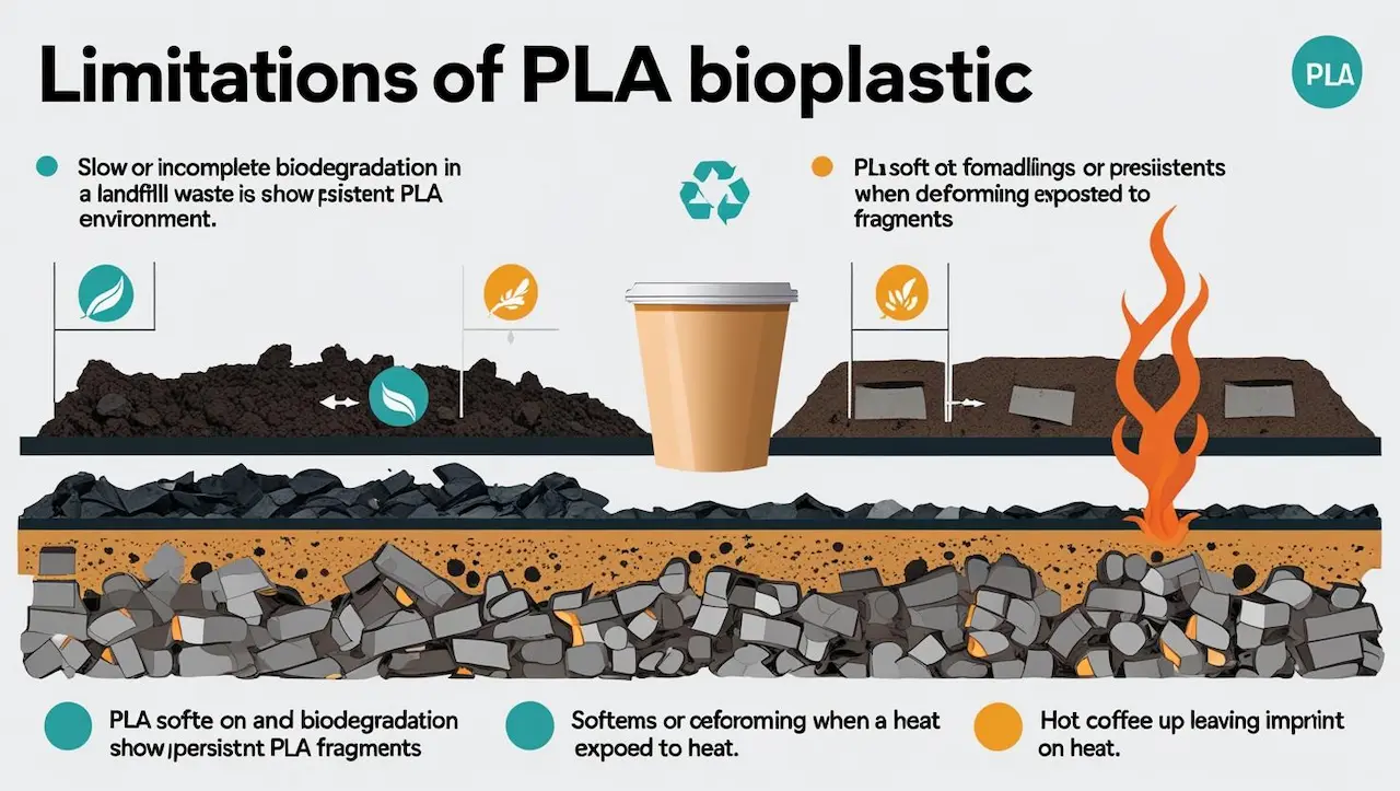  Infographic illustrating the limitations of PLA bioplastic, including slow biodegradation in landfills, softening when exposed to heat, and incomplete decomposition leaving fragments.