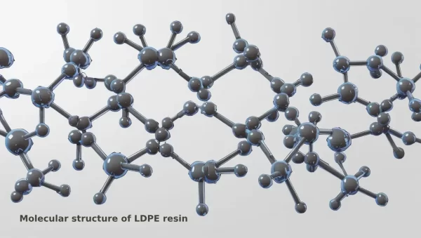 3D molecular model illustrating the highly branched structure of Low-Density Polyethylene (LDPE) resin.