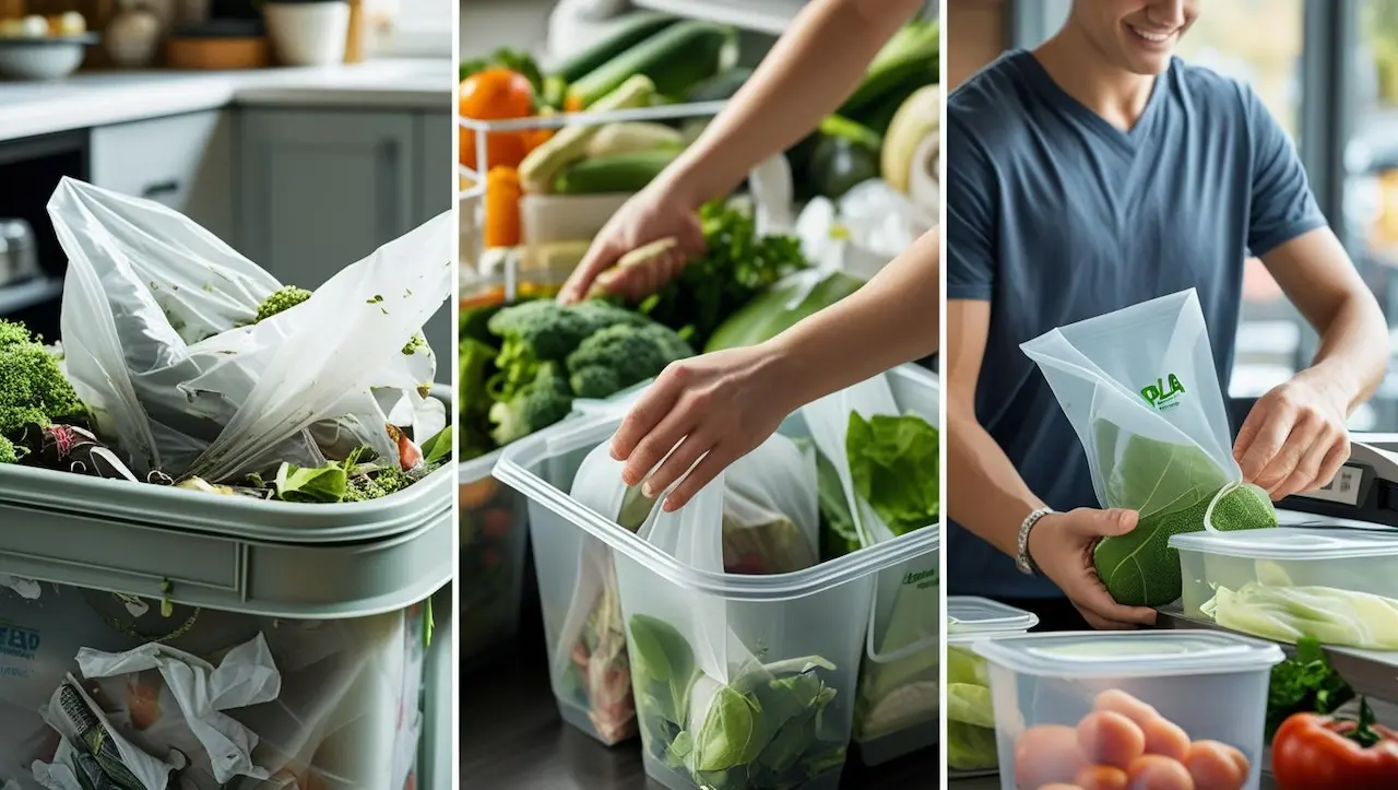 Montage showing PLA compostable bags in various everyday uses: collecting organic waste, storing fresh produce in a fridge, and packing groceries.