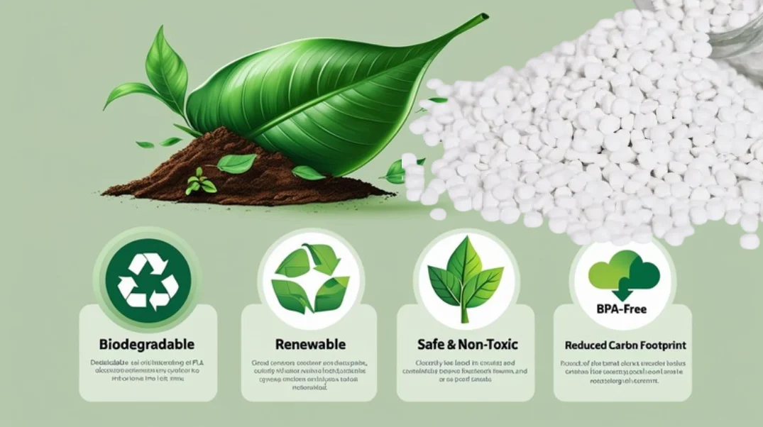 Infographic: Advantages of PLA, including biodegradability, renewability, safety, non-toxicity, and reduced carbon footprint.