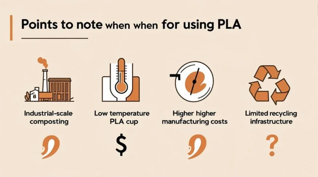 Key limitations of PLA, including industrial composting requirement, low heat resistance, higher manufacturing costs, and limited recycling infrastructure.