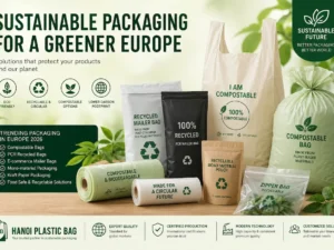 Infographic showing sustainable packaging—eco bags, rolls and pouches with green branding and icons like recyclable, compostable, and low carbon footprint.