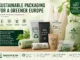 Infographic showing sustainable packaging—eco bags, rolls and pouches with green branding and icons like recyclable, compostable, and low carbon footprint.