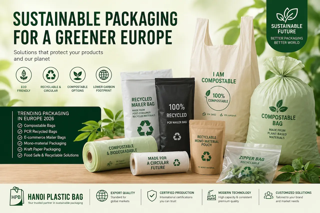 Infographic showing sustainable packaging—eco bags, rolls and pouches with green branding and icons like recyclable, compostable, and low carbon footprint.