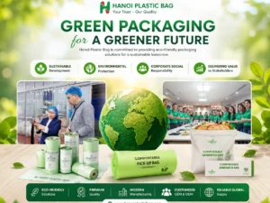 Green packaging solutions by Hanoiplasticbag featuring compostable bags, eco-friendly plastic bags, sustainable packaging, and recyclable packaging for global markets.